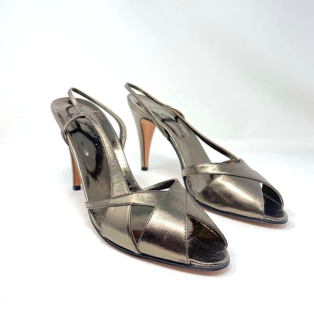 Vintage Gold Leather Sandal Pewter Heels Strappy 10 Italian